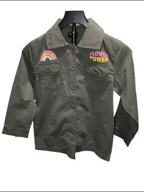 Tiny Whales Kids Olive Green Flower Power Rainbow Button Down Shirt 10Y